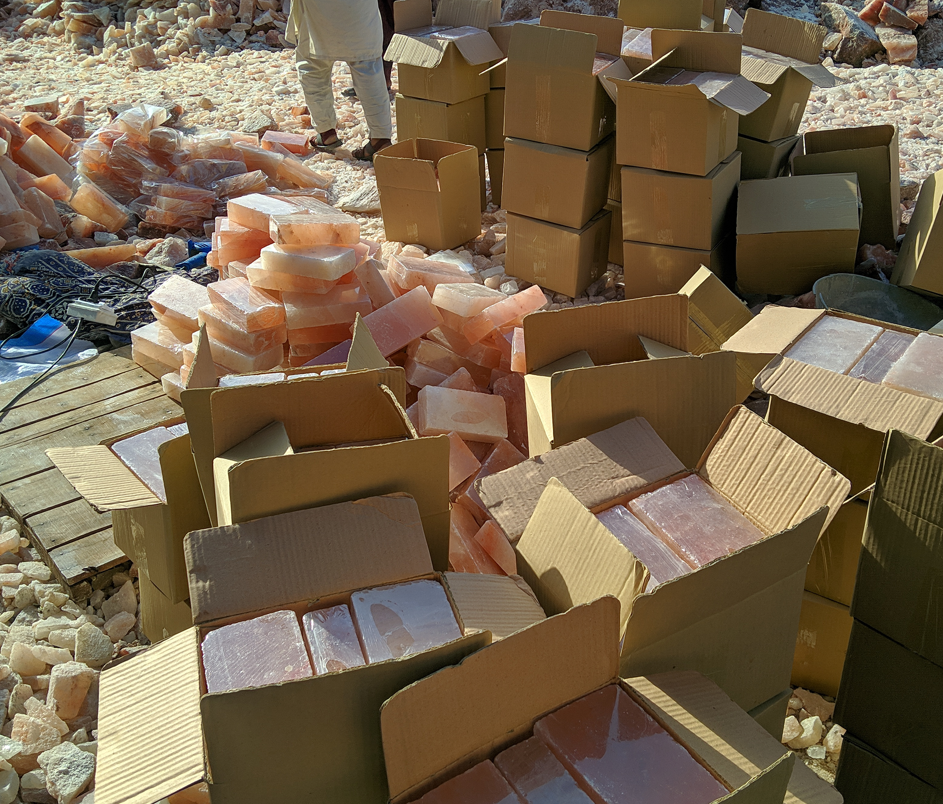 Salt bricks packed in closed wooden pallets
