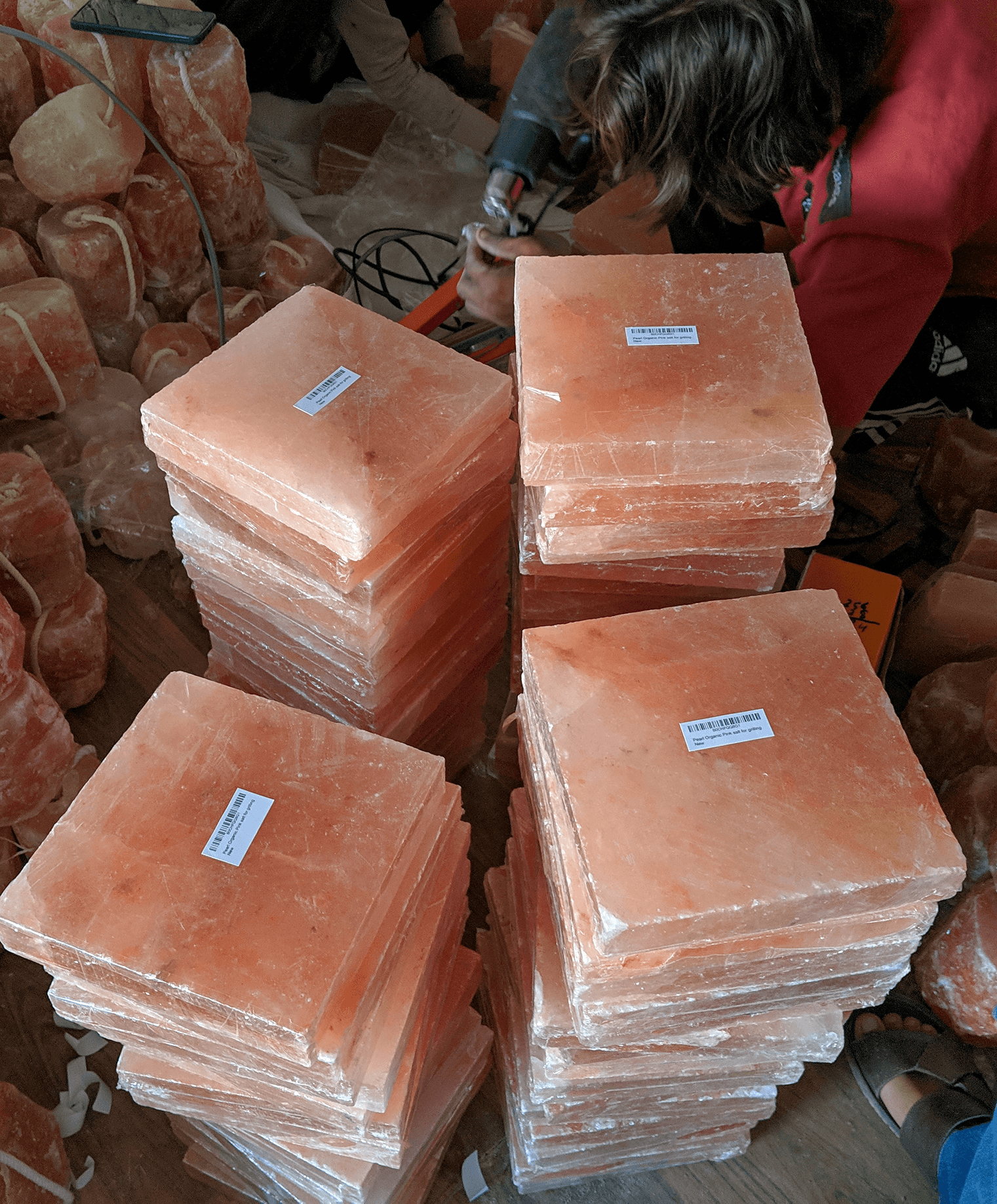Cooking blocks and lamp cartons labeled for Amazon inbound.